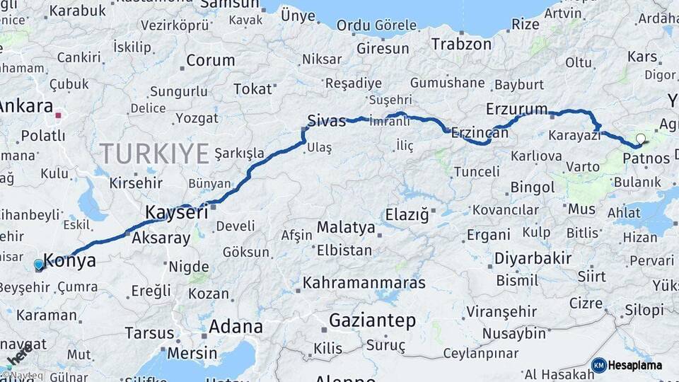 Konya Tutak Ağrı Arası Kaç Km - Yol Haritası