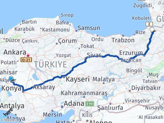 Konya Tuzlukçu Artvin Arası Kaç Km - Yol Haritası
