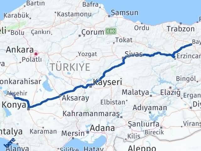 Konya Tuzlukçu Bayburt Arası Kaç Km - Yol Haritası