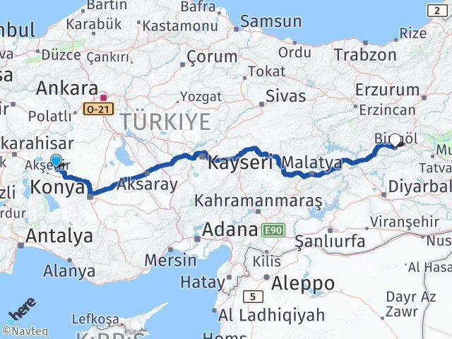 Konya Tuzlukçu Bingöl Arası Kaç Km - Yol Haritası