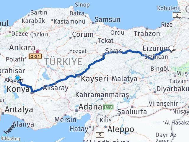 Konya Tuzlukçu Erzurum Arası Kaç Km - Yol Haritası