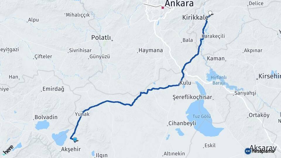 Konya Tuzlukçu Kırıkkale Arası Kaç Km - Yol Haritası