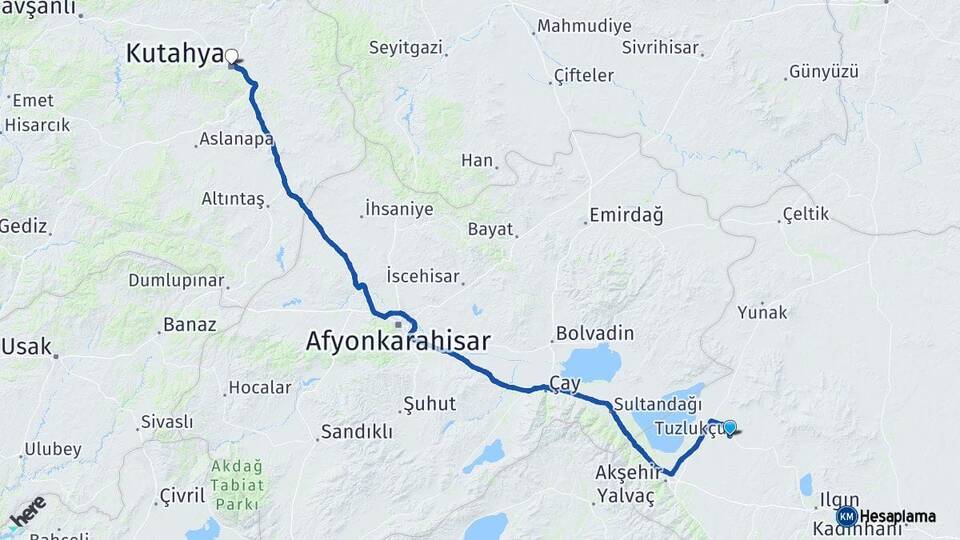 Konya Tuzlukçu Kütahya Arası Kaç Km - Yol Haritası