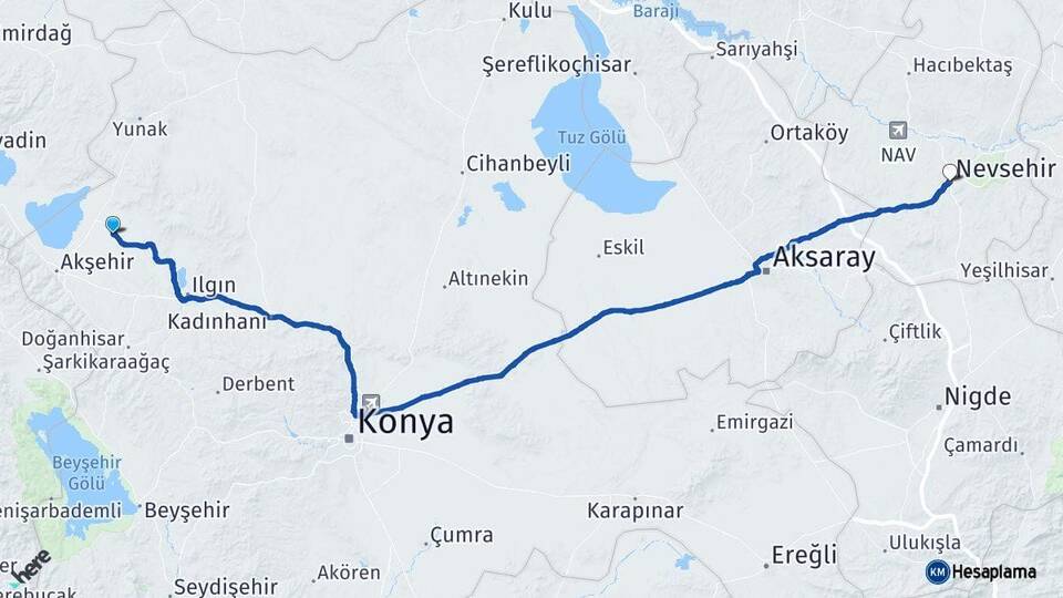 Konya Tuzlukçu Nevşehir Arası Kaç Km - Yol Haritası