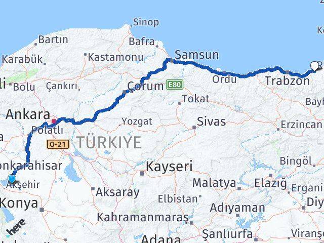 Konya Tuzlukçu Rize Arası Kaç Km - Yol Haritası