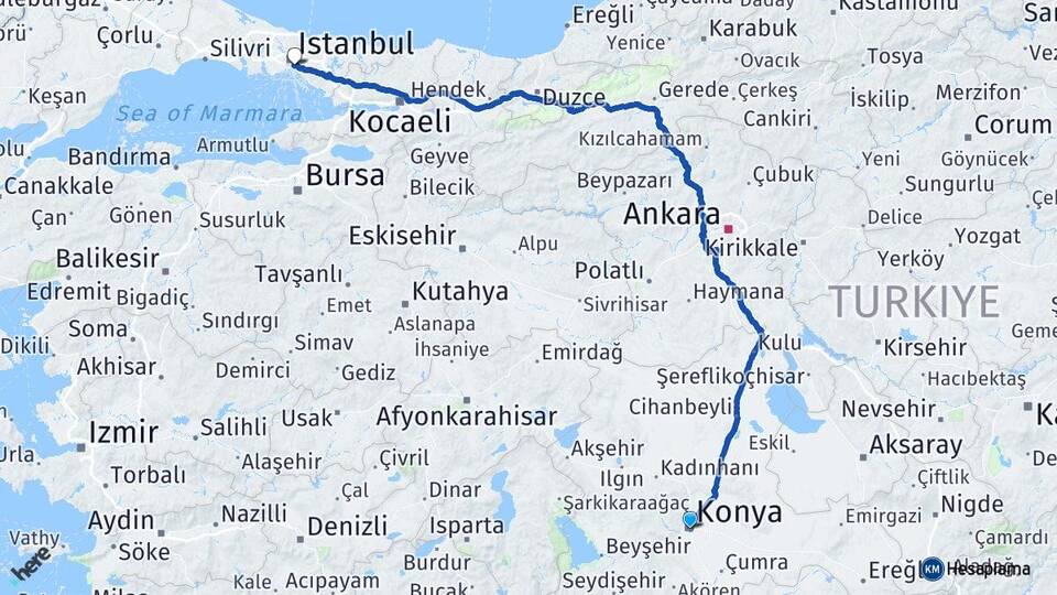 Konya Üsküdar İstanbul Arası Kaç Km - Yol Haritası