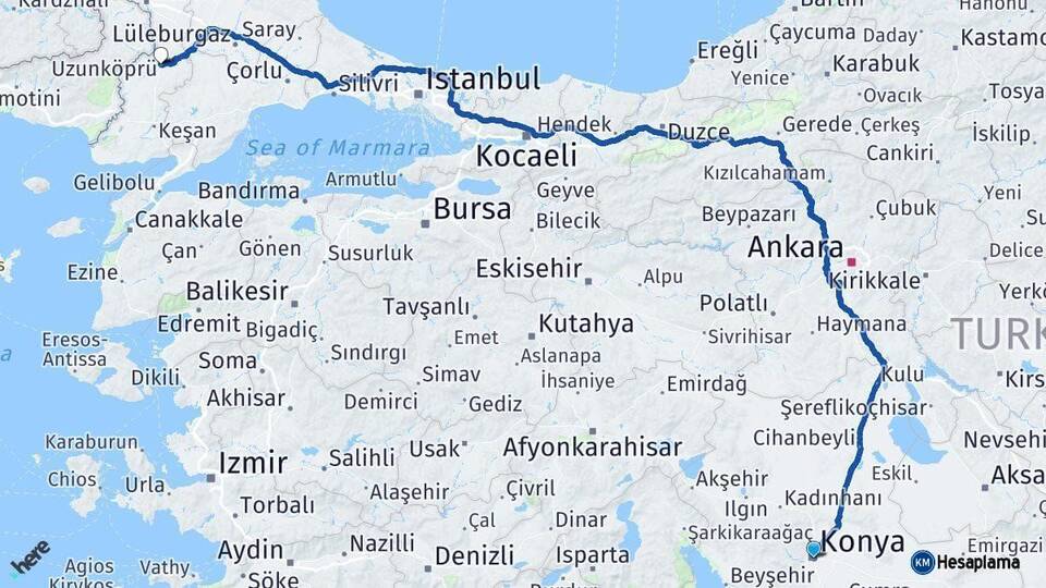 Konya Uzunköprü Edirne Arası Kaç Km - Yol Haritası