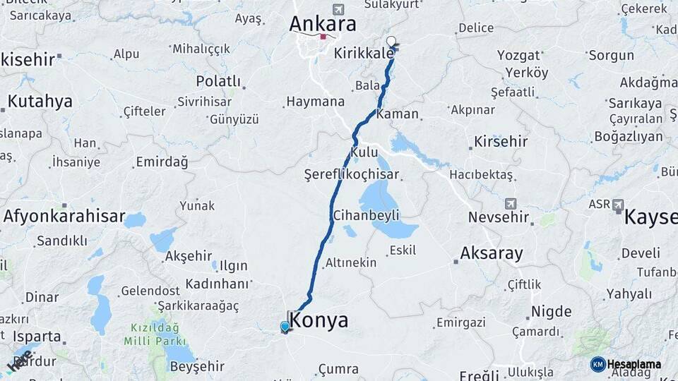 Konya Yahşihan Kırıkkale Arası Kaç Km - Yol Haritası