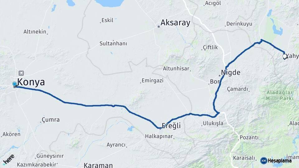 Konya Yahyalı Kayseri Arası Kaç Km - Yol Haritası