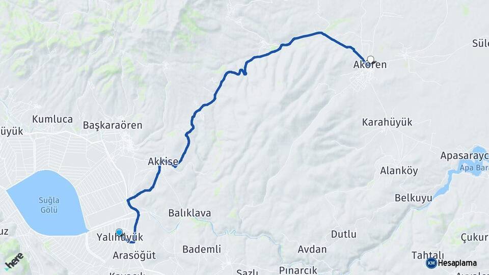 Konya Yalıhüyük Akören Arası Kaç Km - Yol Haritası