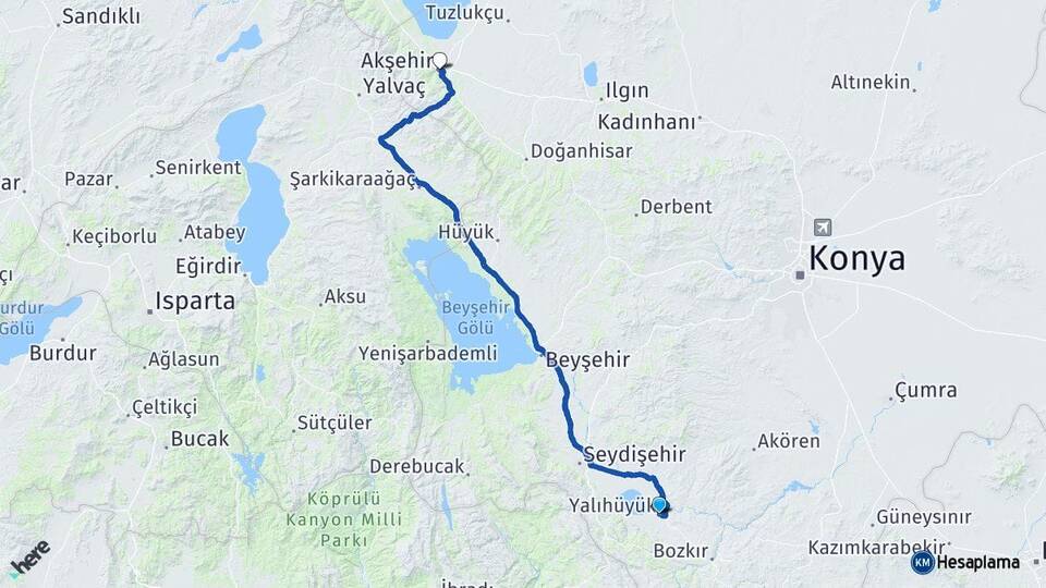 Konya Yalıhüyük Akşehir Arası Kaç Km - Yol Haritası