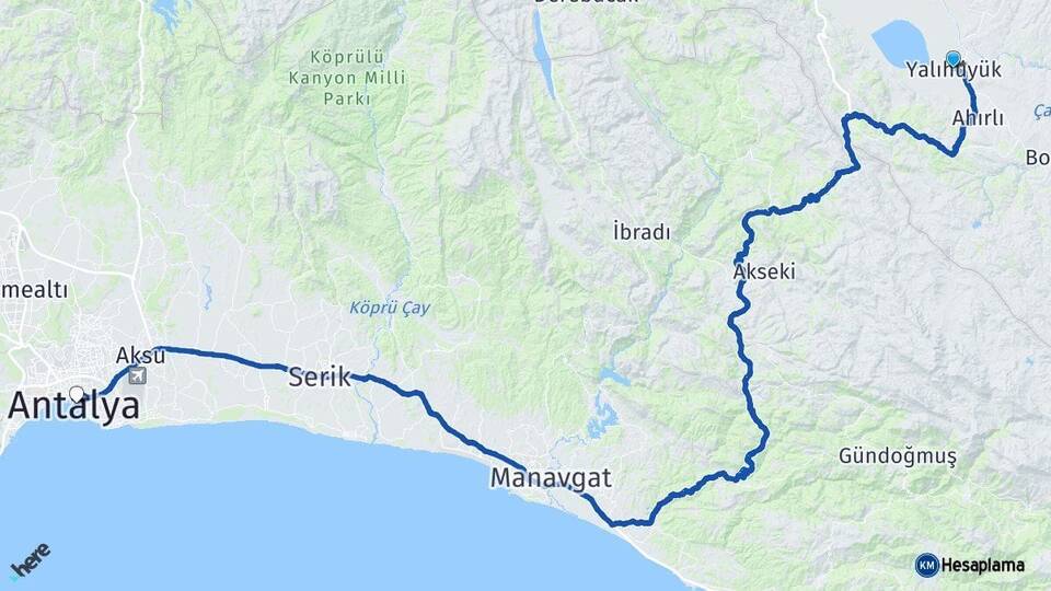 Konya Yalıhüyük Antalya Arası Kaç Km - Yol Haritası