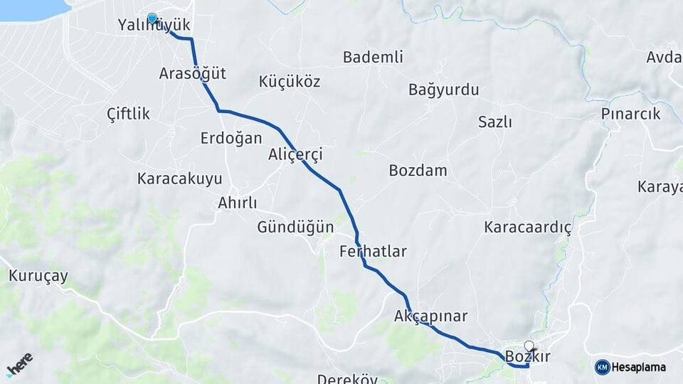 Konya Yalıhüyük Bozkır Arası Kaç Km - Yol Haritası