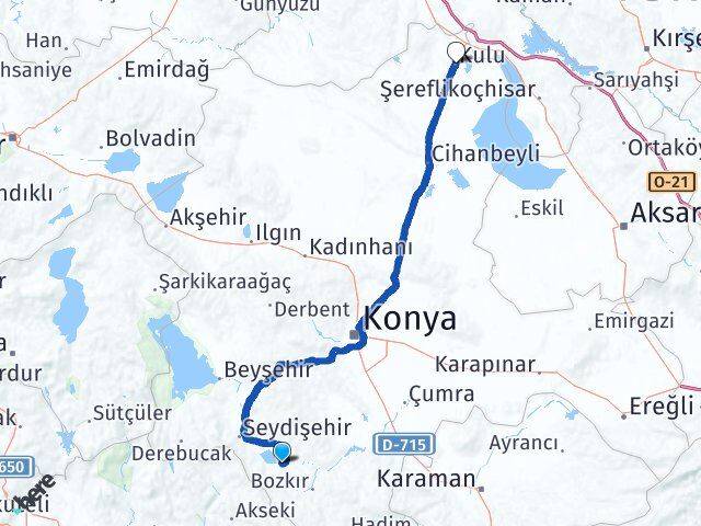 Konya Yalıhüyük Kulu Arası Kaç Km - Yol Haritası
