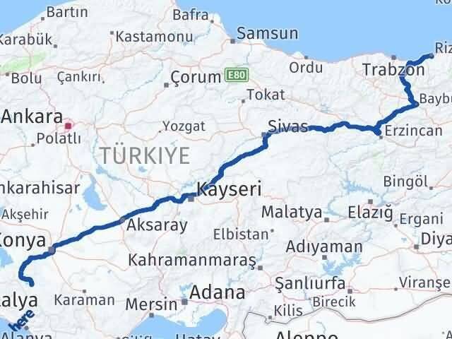 Konya Yalıhüyük Rize Arası Kaç Km - Yol Haritası