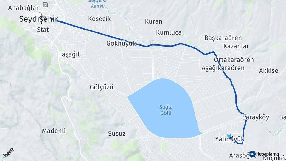 Konya Yalıhüyük Seydişehir Arası Kaç Km - Yol Haritası