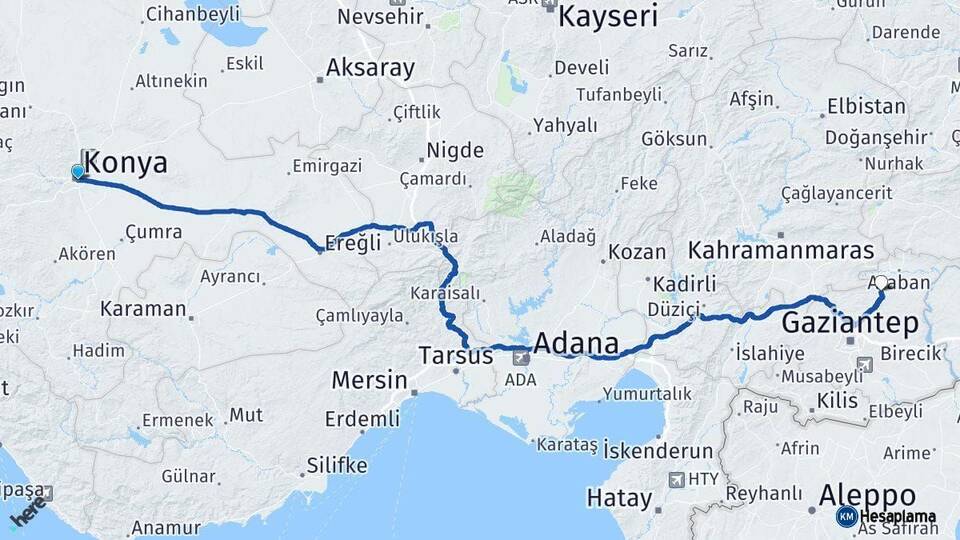 Konya Yavuzeli Gaziantep Arası Kaç Km - Yol Haritası