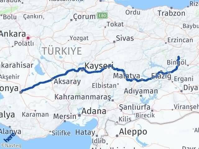 Konya Yayladere Bingöl Arası Kaç Km - Yol Haritası