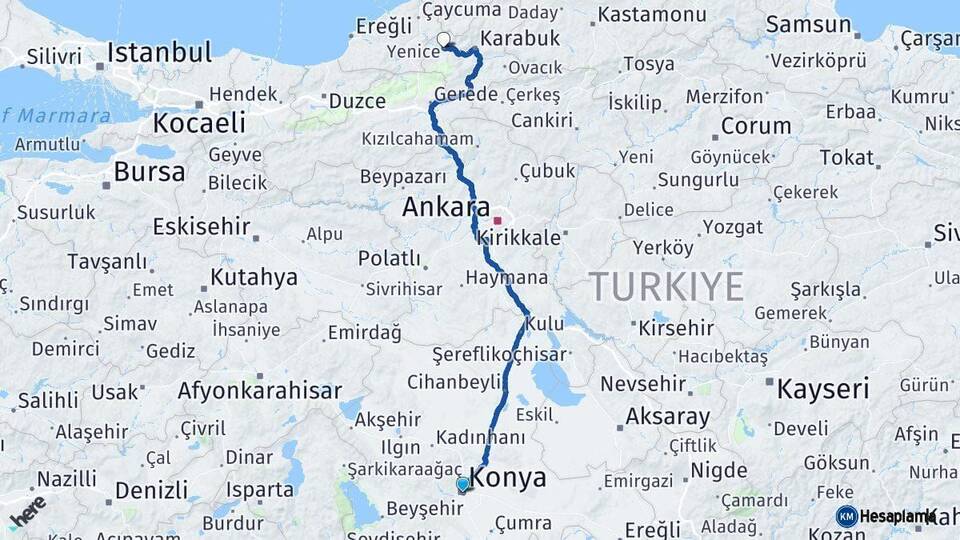 Konya Yenice Karabük Arası Kaç Km - Yol Haritası