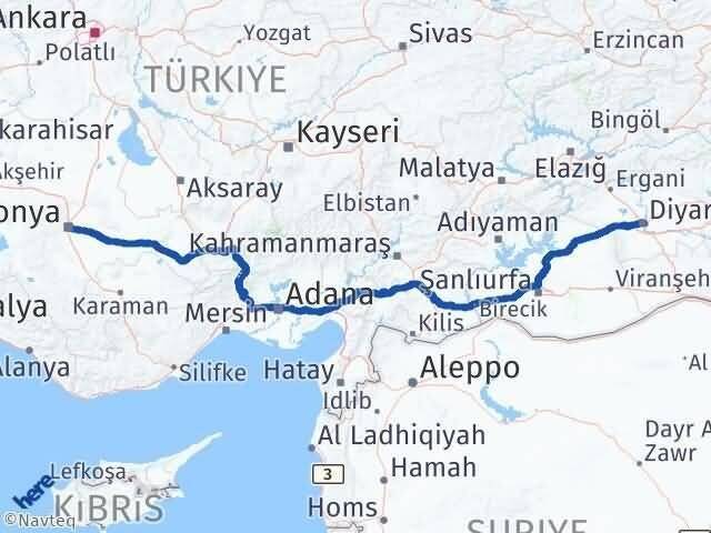 Konya Yenişehir Diyarbakır Arası Kaç Km - Yol Haritası