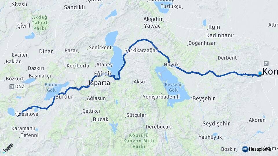 Konya Yeşilova Burdur Arası Kaç Km - Yol Haritası