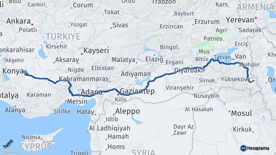 Konya Yüksekova Hakkari Arası Kaç Km - Yol Haritası