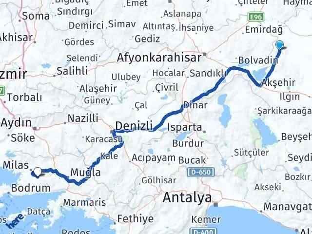 Konya Yunak Kayadere Milas Muğla Arası Kaç Km - Yol Haritası