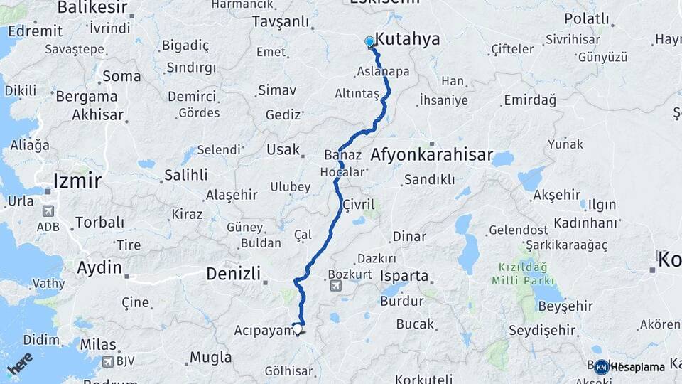 Kütahya Acıpayam Denizli Arası Kaç Km - Yol Haritası