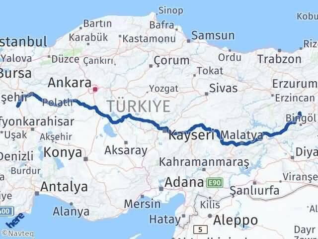 Kütahya Adaklı Bingöl Arası Kaç Km - Yol Haritası