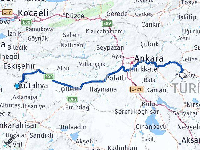 Kütahya Akçakent Kırşehir Arası Kaç Km - Yol Haritası