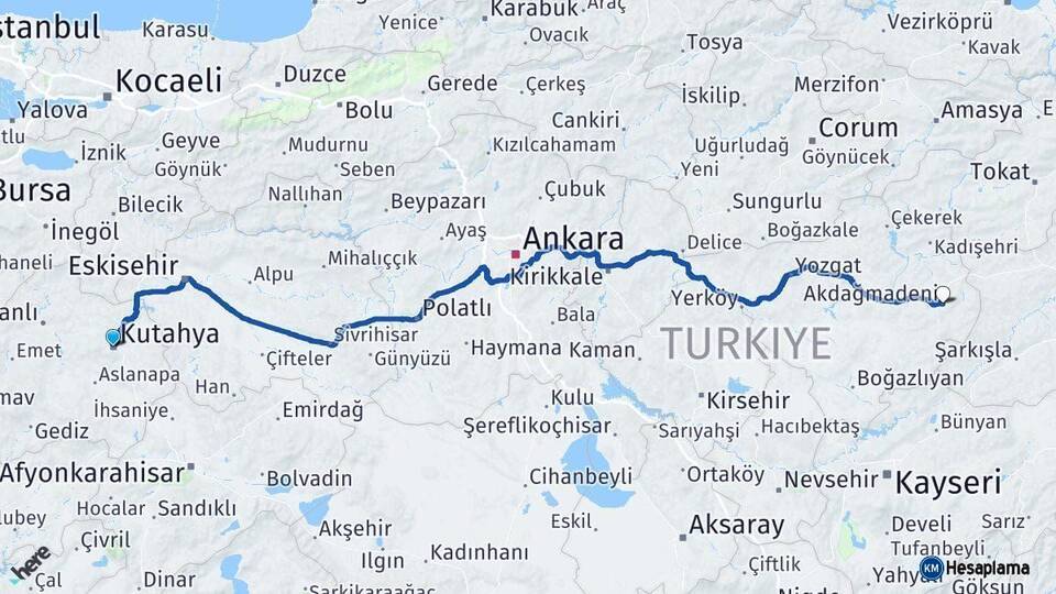 Kütahya Akdağmadeni Yozgat Arası Kaç Km - Yol Haritası