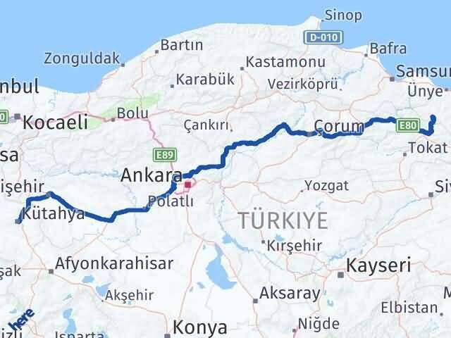 Kütahya Akkuş Ordu Arası Kaç Km - Yol Haritası