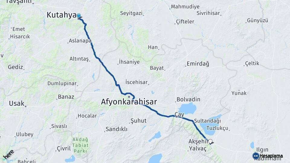 Kütahya Akşehir Konya Arası Kaç Km - Yol Haritası