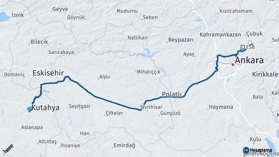 Kütahya Akyurt Ankara Arası Kaç Km - Yol Haritası