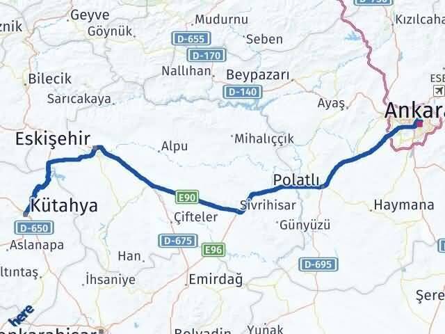 Kütahya Altındağ Ankara Arası Kaç Km - Yol Haritası
