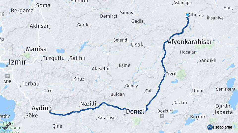 Kütahya Altıntaş Aydın Arası Kaç Km - Yol Haritası