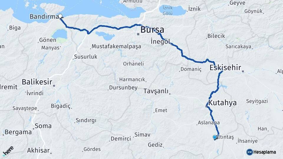 Kütahya Altıntaş Bandırma Balıkesir Arası Kaç Km - Yol Haritası