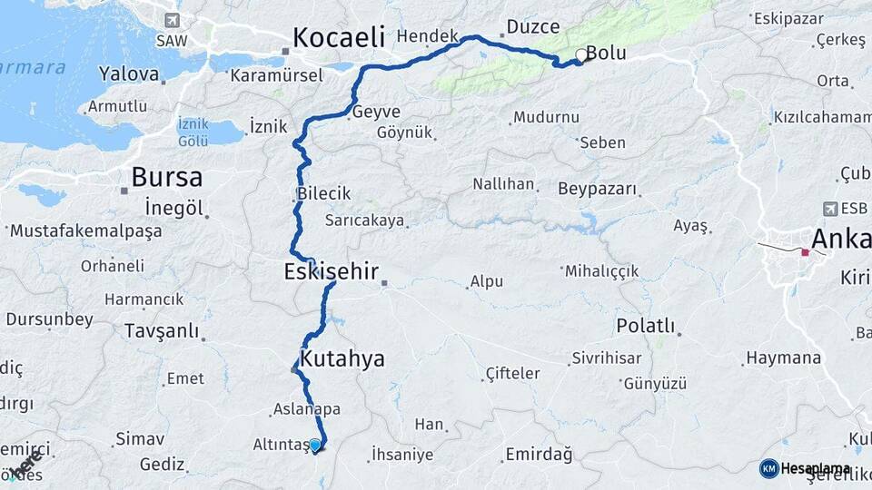 Kütahya Altıntaş Bolu Arası Kaç Km - Yol Haritası
