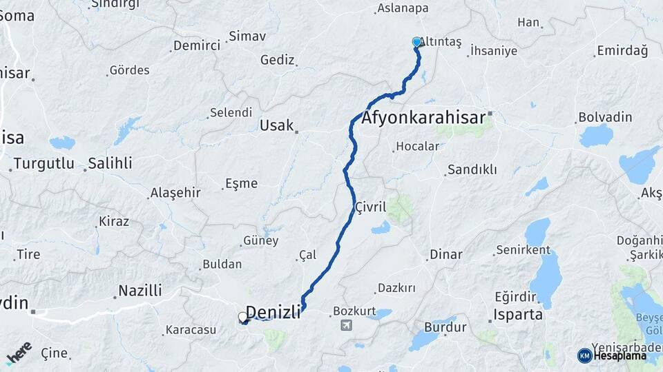Kütahya Altıntaş Denizli Arası Kaç Km - Yol Haritası