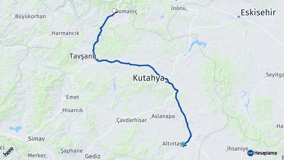 Kütahya Altıntaş Domaniç Arası Kaç Km - Yol Haritası