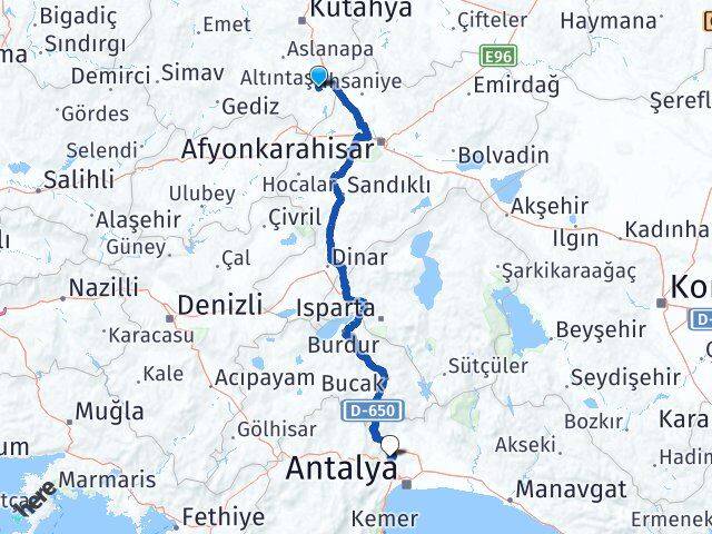 Kütahya Altıntaş Döşemealtı Antalya Arası Kaç Km - Yol Haritası