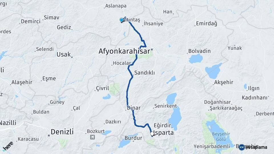 Kütahya Altıntaş Isparta Arası Kaç Km - Yol Haritası