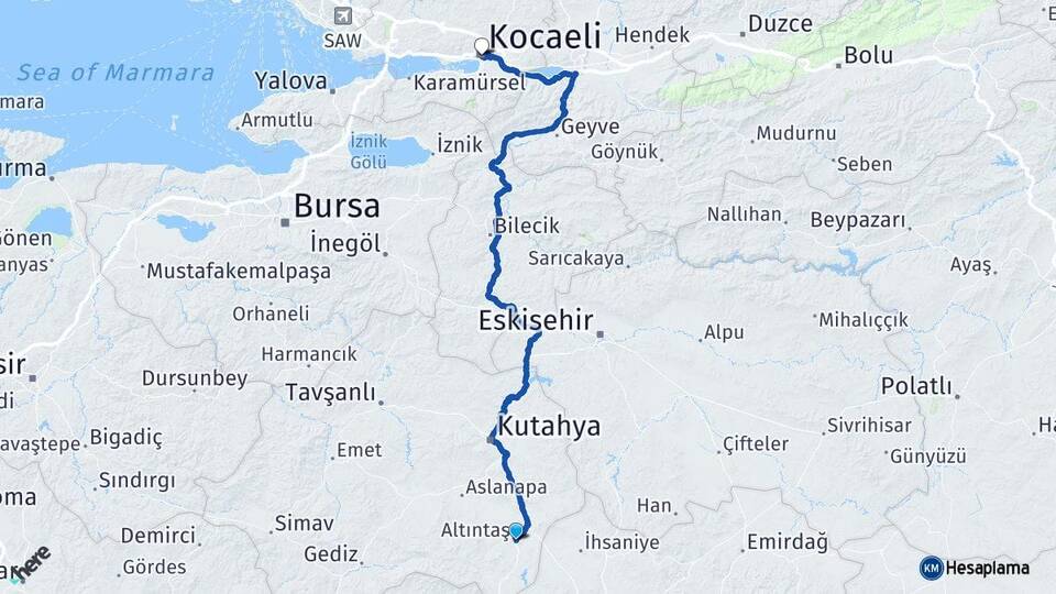 Kütahya Altıntaş Kocaeli Arası Kaç Km - Yol Haritası