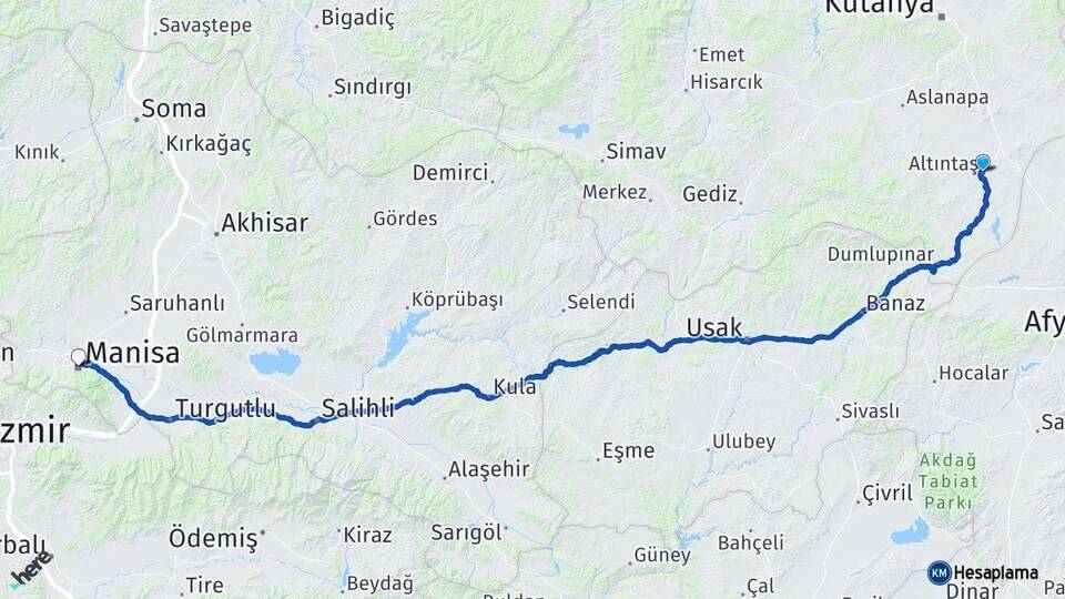 Kütahya Altıntaş Manisa Arası Kaç Km - Yol Haritası