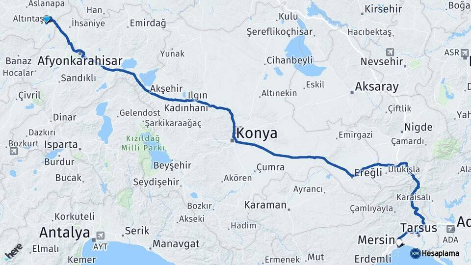 Kütahya Altıntaş Mersin Arası Kaç Km - Yol Haritası