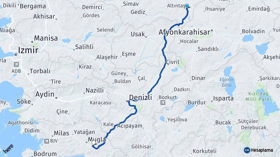 Kütahya Altıntaş Muğla Arası Kaç Km - Yol Haritası