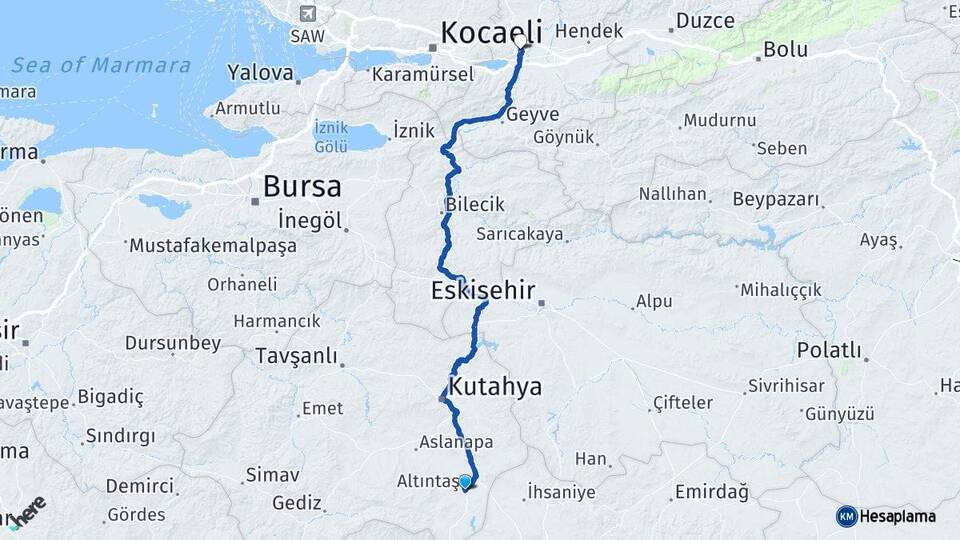 Kütahya Altıntaş Sakarya Arası Kaç Km - Yol Haritası