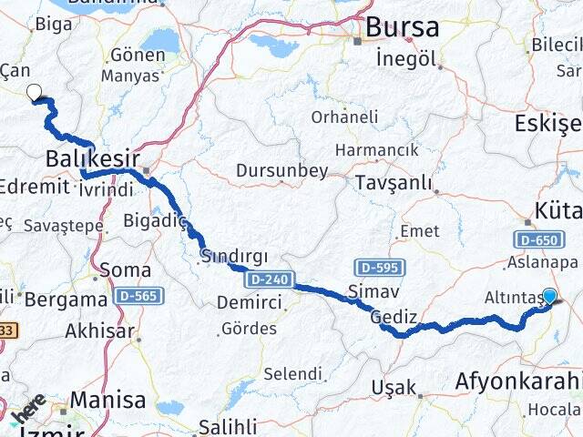 Kütahya Altıntaş Yenice Çanakkale Arası Kaç Km - Yol Haritası