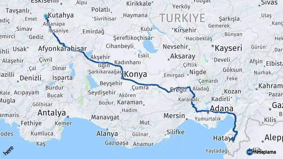 Kütahya Antakya Hatay Arası Kaç Km - Yol Haritası