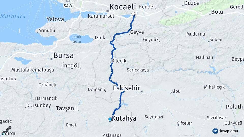 Kütahya Arifiye Sakarya Arası Kaç Km - Yol Haritası
